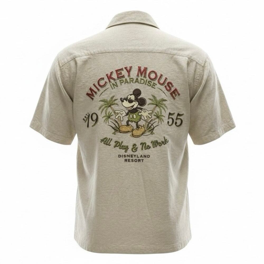 Disney Parks Mickey Mouse in Paradise Embroidered Camp Hawaiian Button Shirt L